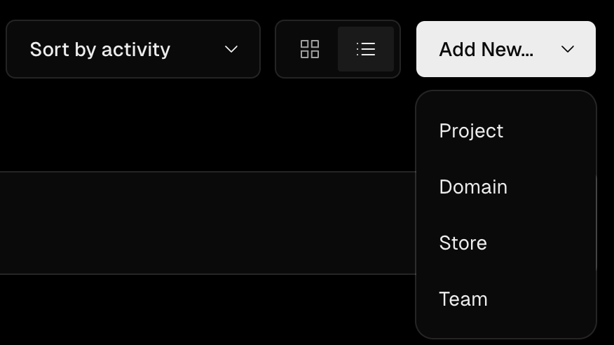 Vercel new project dropdown list