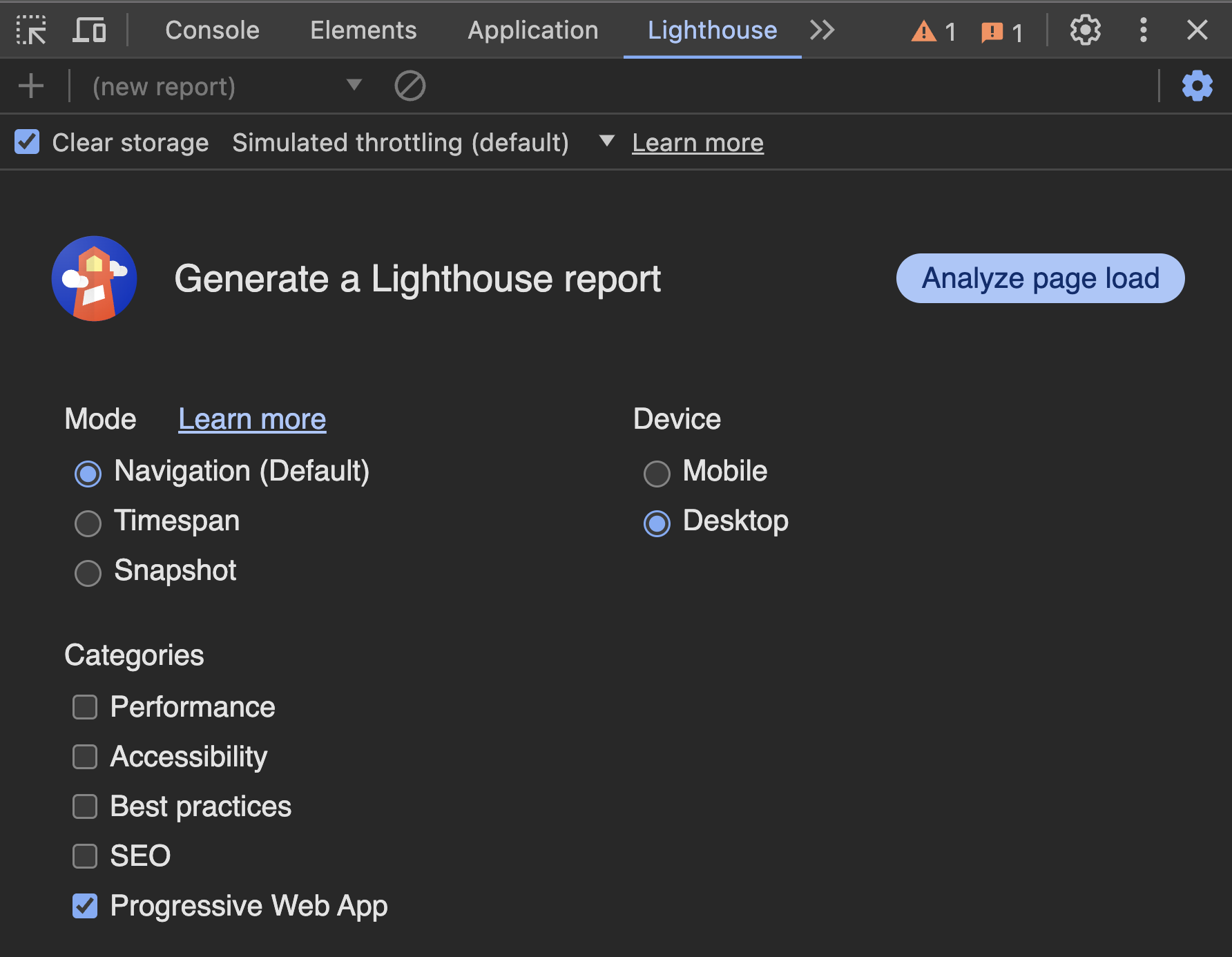 Lighthouse tab in Chrome Dev Tools